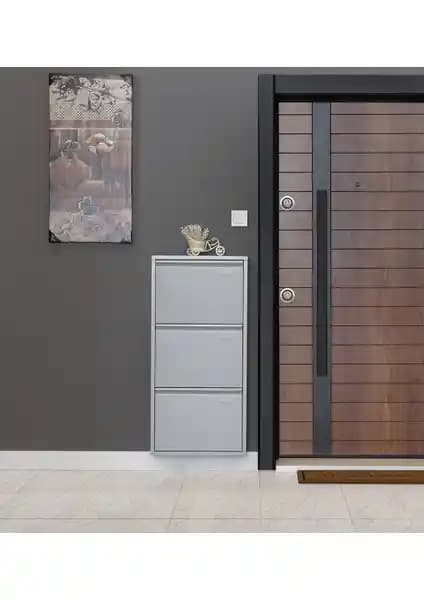 Kaser Gri 3'lü Metal Ayakkabılık Modern ve Dayanıklı Depolama Çözümü