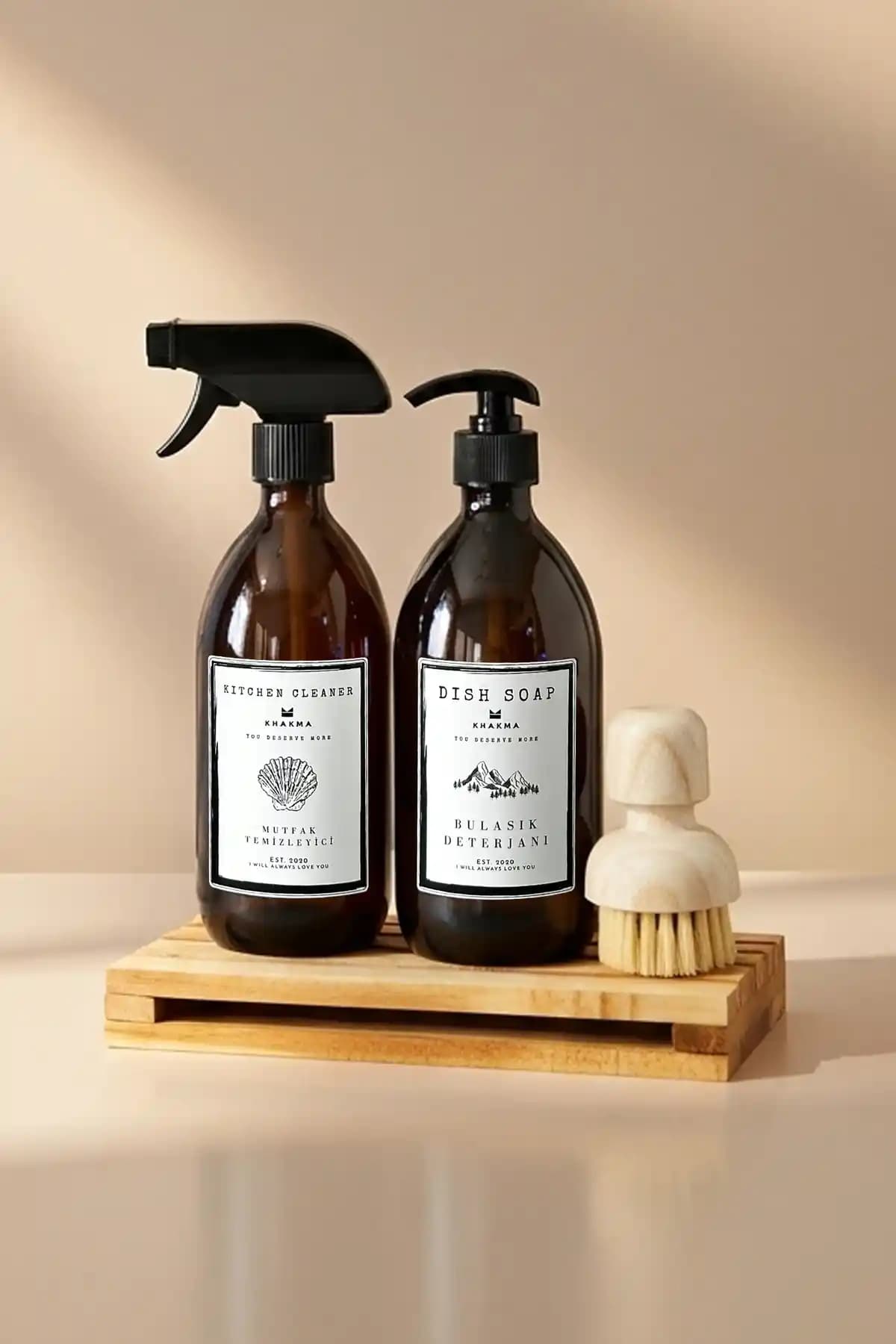 KHAKMA Ahşap Stantlı Amber Temizlik Seti Modern ve Şık Mutfak Temizlik Aksesuarları
