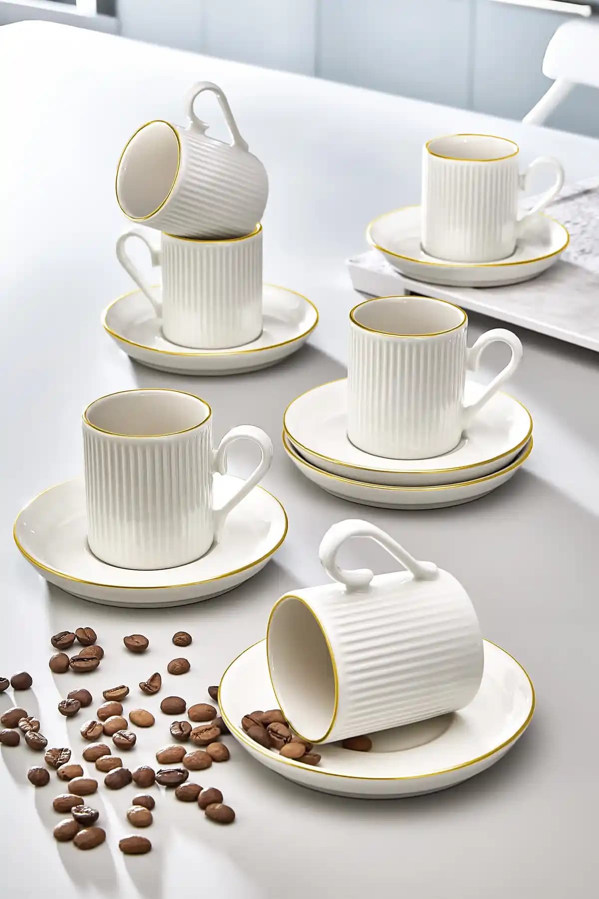 Kitchen Life Özel Tasarım Porselen Altın 12 Parça 6 Kişilik Kahve Fincan Takımı