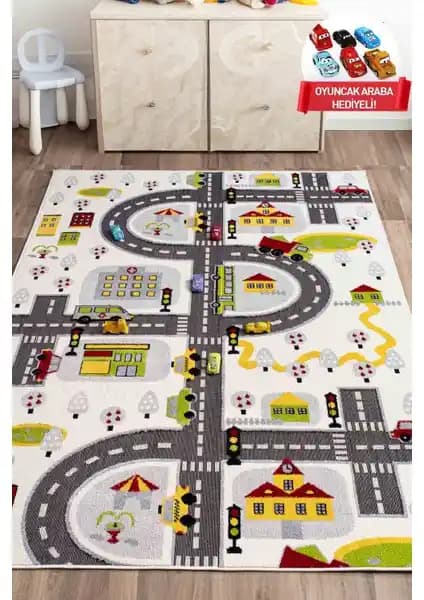 Konfor Halı 3 Boyutlu Trafik Temalı Çocuk Oyun Halısı Beyaz Renk ve Dayanıklı Tasarım