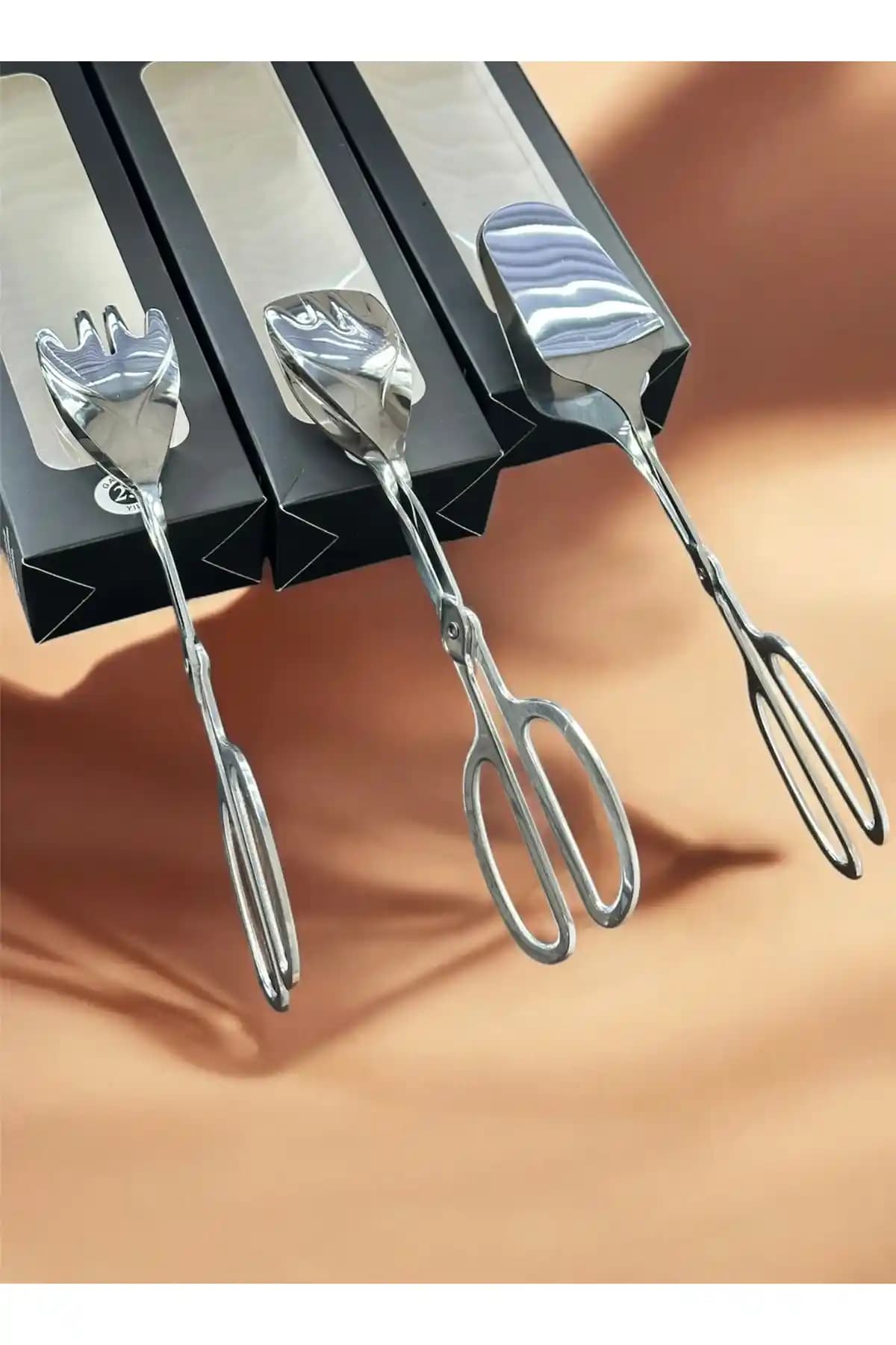 LeesHome Lüx Gümüş Servis Salata Kek Makarna 3'lü Maşa Seti ile Mutfakta Şıklık ve İşlevsellik