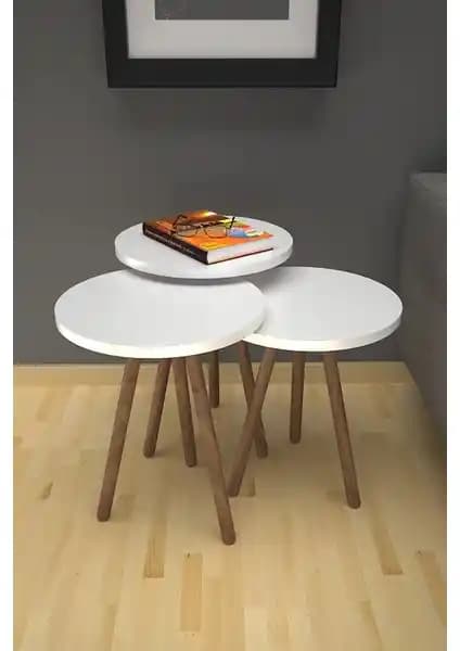 Limnizza Ahşap Ayaklı Beyaz 3'lü Yuvarlak Zigon Sehpa Modern ve Şık Tasarım