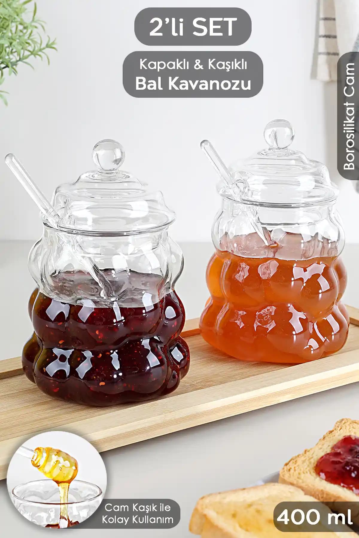 Meleni Home 2'li Bal Kavanozu Borosilikat Cam Estetik ve Kullanışlı Tasarım