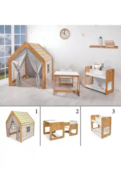 Minera Kumru Çocuk Oyun Masası, Sandalye ve Kitaplık Takımı Güvenli ve Eğitici Tasarım