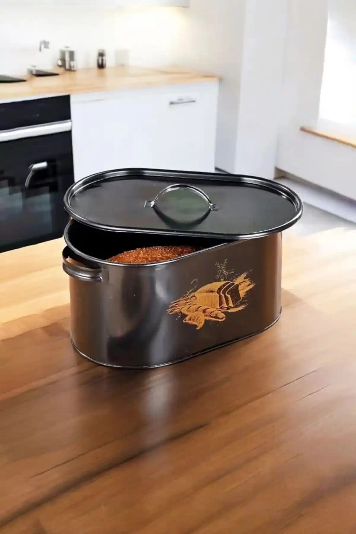 Modalonga Metal Büyük Boy Kapaklı Desenli Ekmeklik Siyah Modern ve Dayanıklı Tasarım