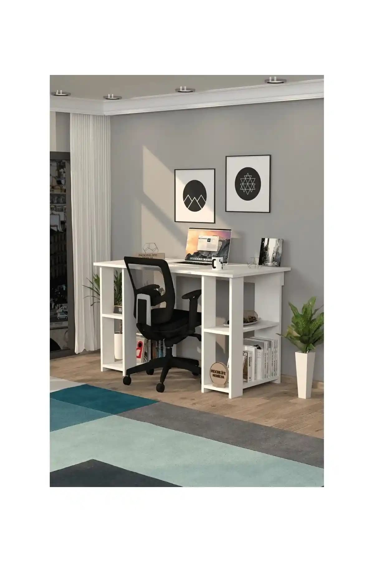 Moonlife Hipo Kitaplıklı Çalışma Masası Beyaz Retro Modern Ofis Mobilyası