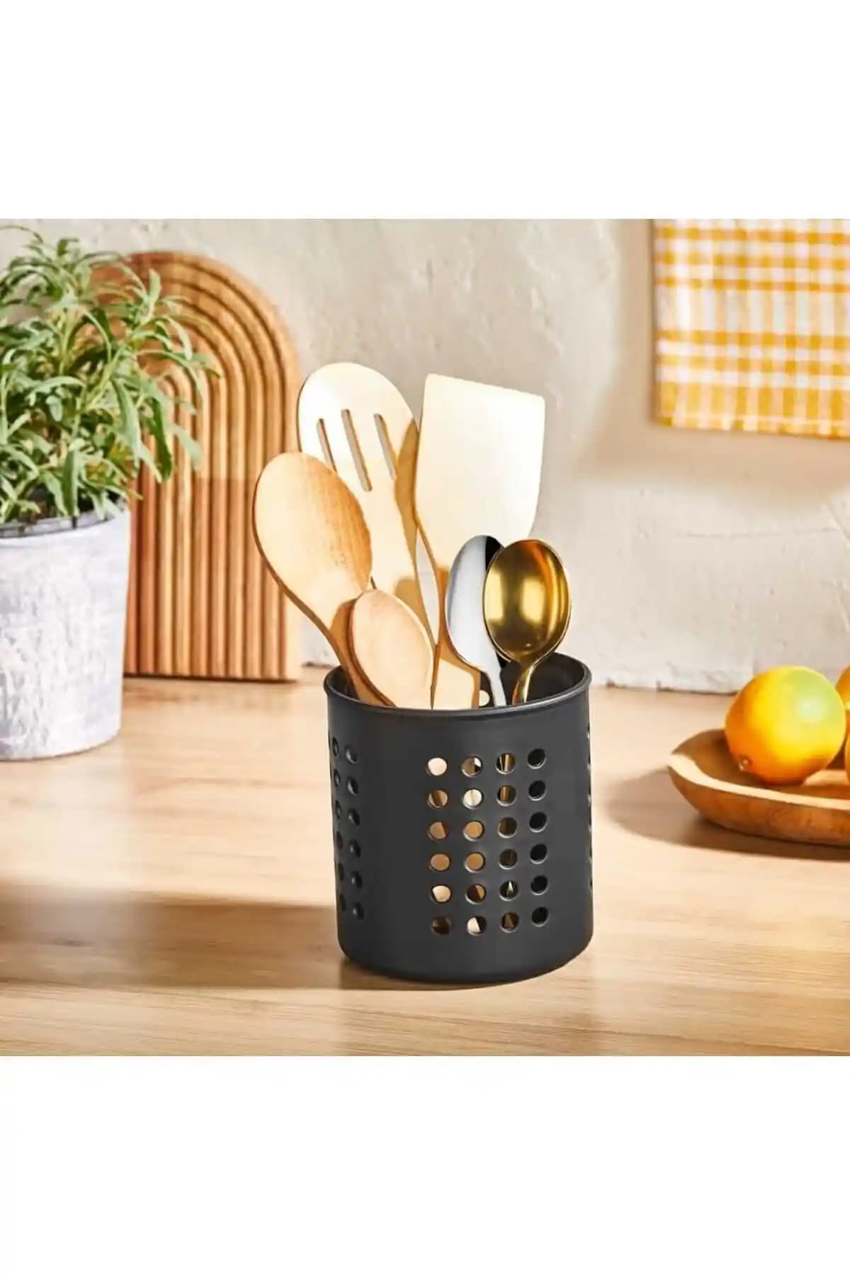Mutfak Köşesi Siyah Silindir Kaşıklık Modern ve Dayanıklı Mutfak Düzenleyici Çözüm