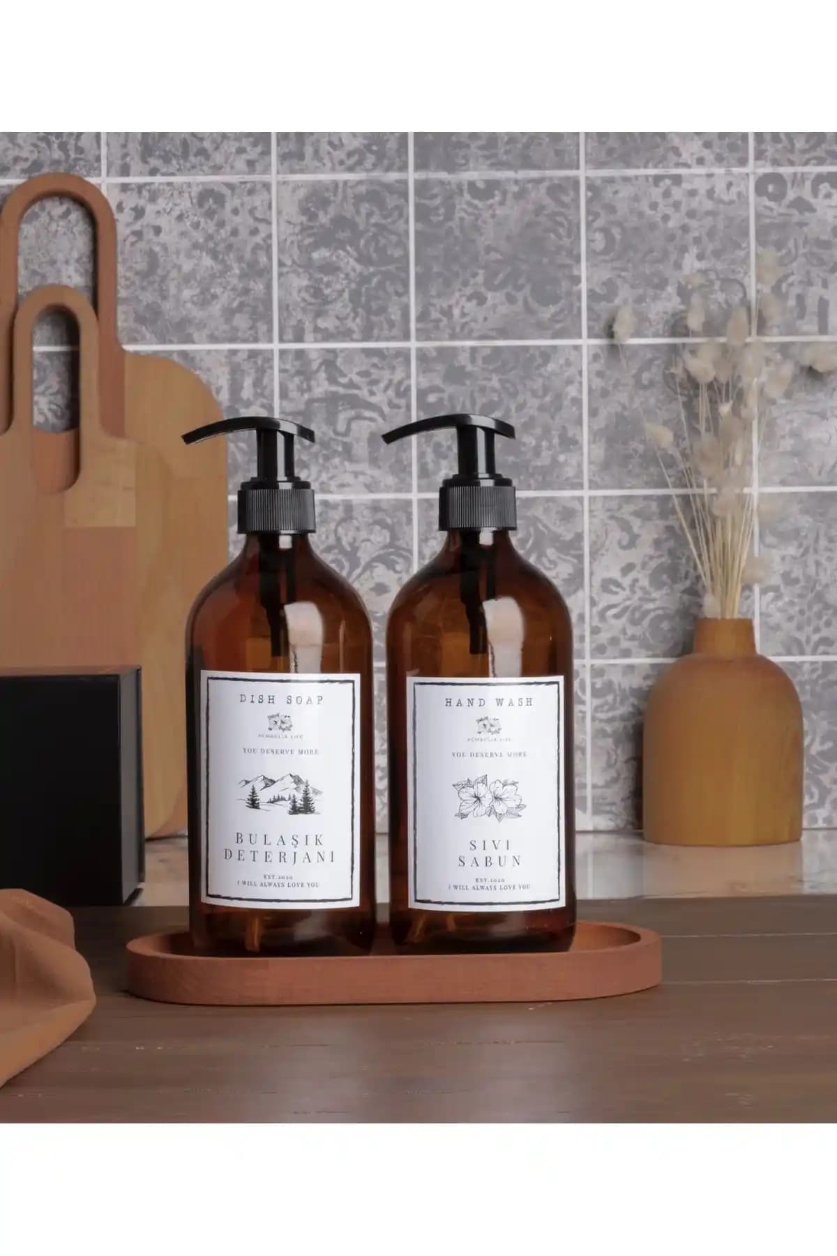 Pembelia Life Ahşap Standlı 2'li Amber Cam Sıvı Sabunluk Seti Modern ve Şık Tasarım