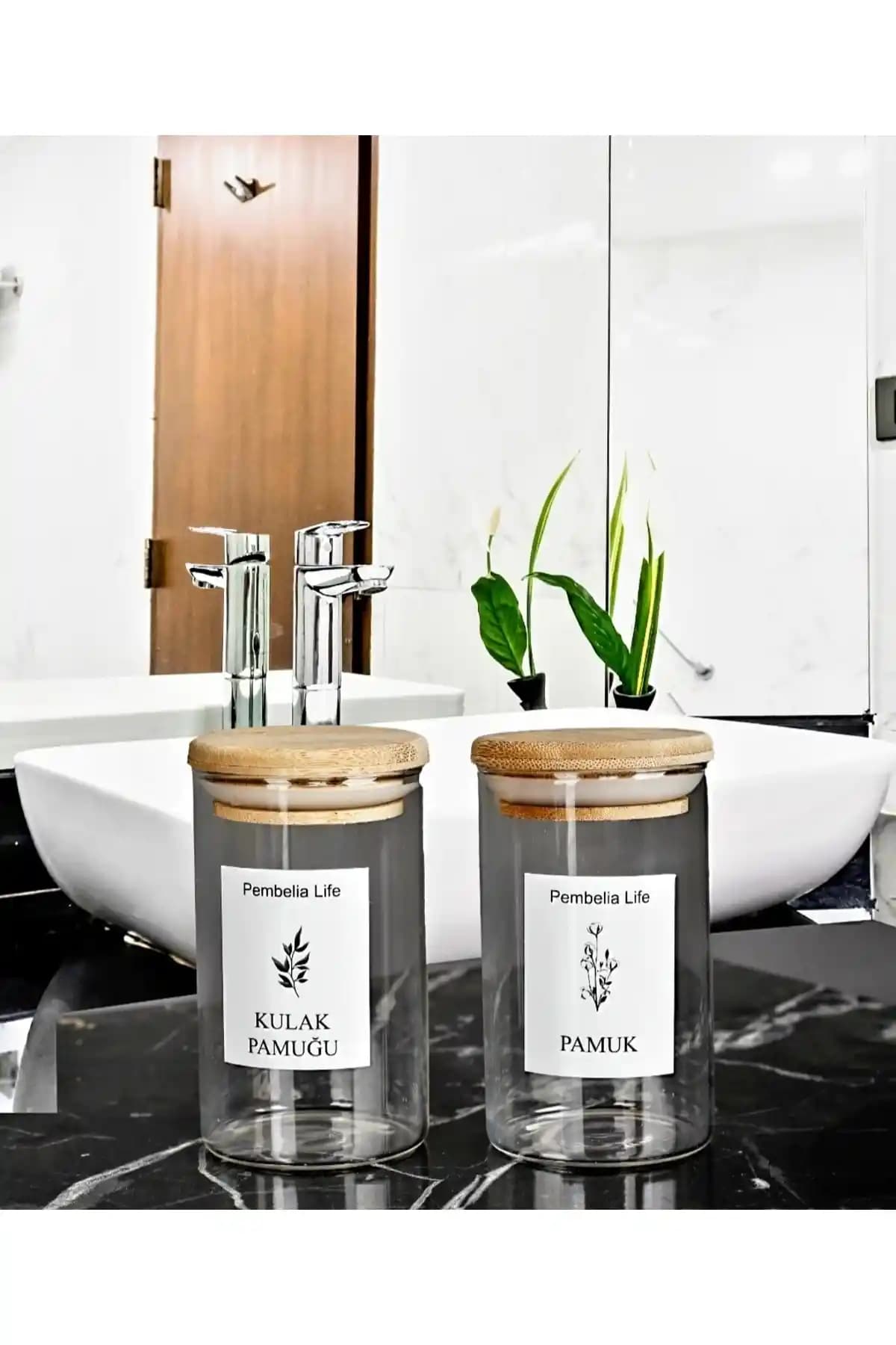 Pembelia Life Bambu Kapaklı Cam Kulak Pamuğu ve Pamukluk Dekoratif Saklama Çözümü