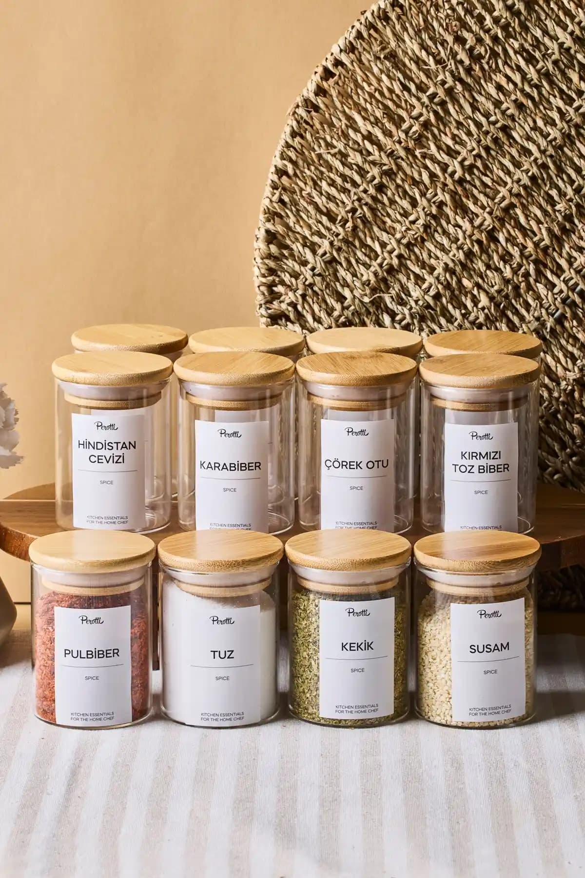 Perotti Eraldo 12'li Bambu Kapaklı Borosilikat Cam Baharatlık Seti Mutfak Düzeni ve Şıklık Sağlar