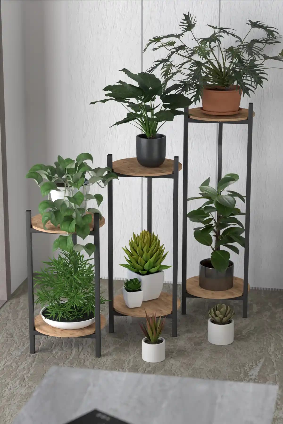 Retodesign 3'lü Metal Siyah Yuvarlak Çiçeklik Seti Modern Dekorasyon İçin Uygun