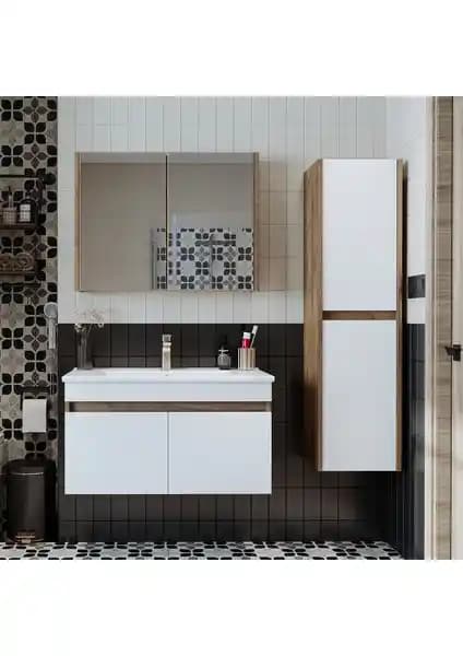 Roomart Lavabolu Atlantik-Beyaz Mat MDF Banyo Dolapları Seti 85 cm Modern Tasarım