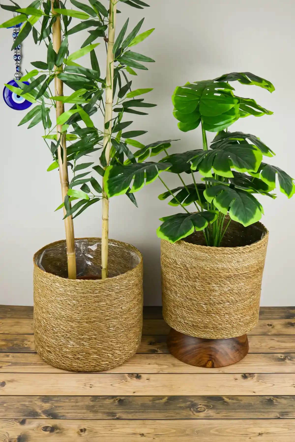 SepetçiBaba Carin Doğal El Örmesi Hasır Dekoratif Saksı Seti 2'li Büyük Boy Tasarım