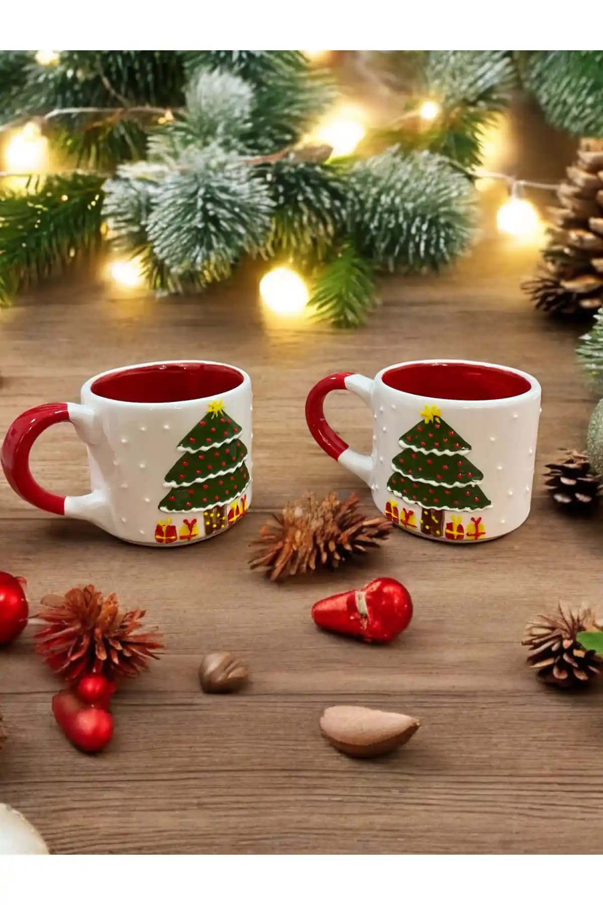 SeraCEY El Yapımı Kırmızı Ağaç Desenli Yılbaşı Seramik Kupa 190 ml Şık Tasarım