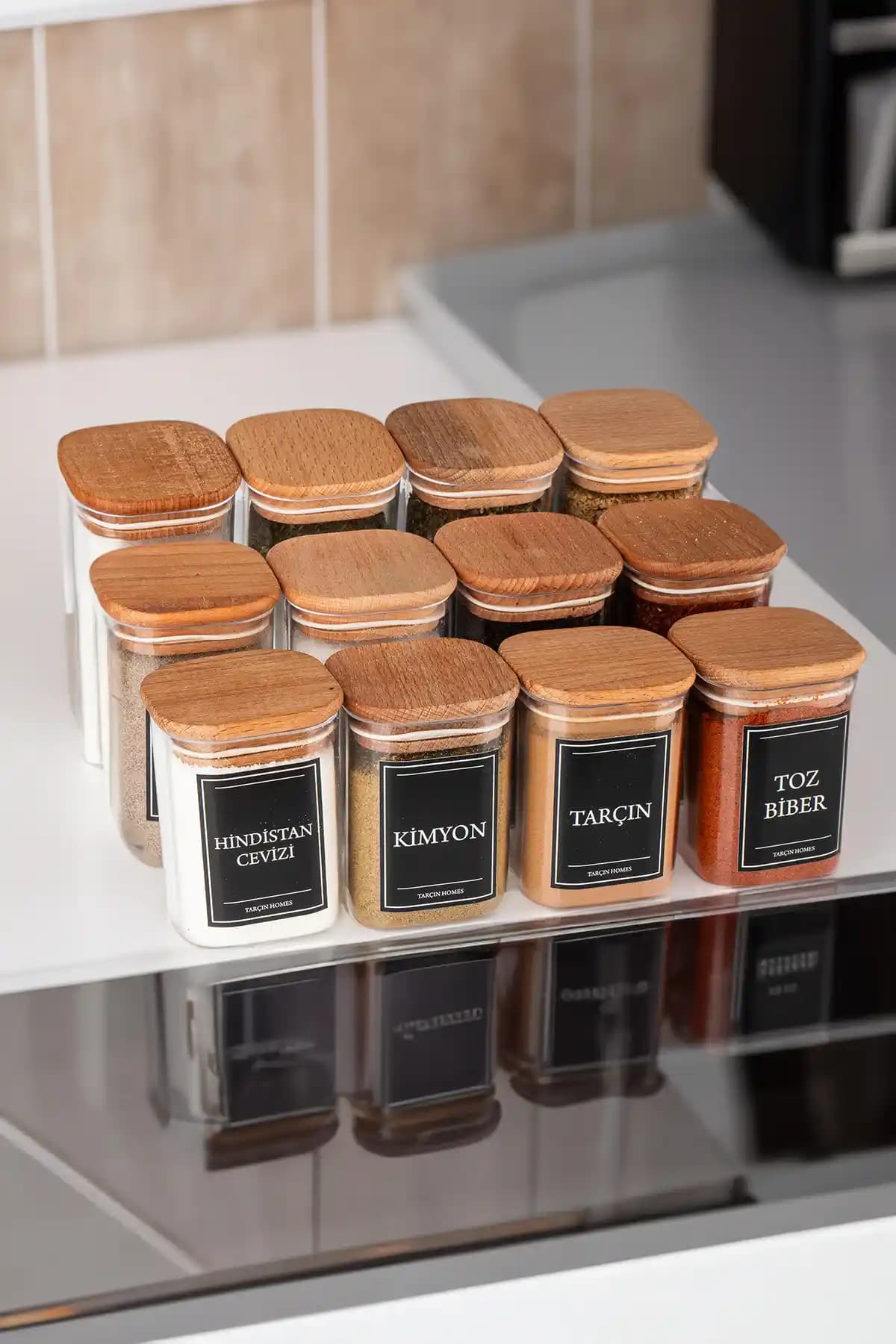 TARÇIN HOMES 12'li Vakumlu Baharatlık Seti Modern ve Pratik Mutfak Saklama Çözümü