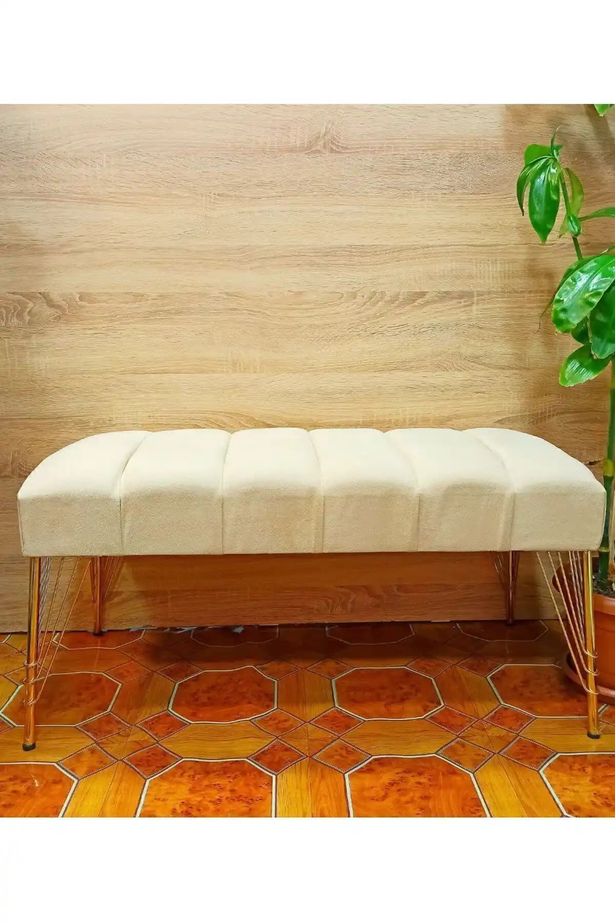 TEYİM 90x40 CM Lüks Metal Ayaklı Yarmalı Puf Koltuk Modern ve Dayanıklı Tasarım