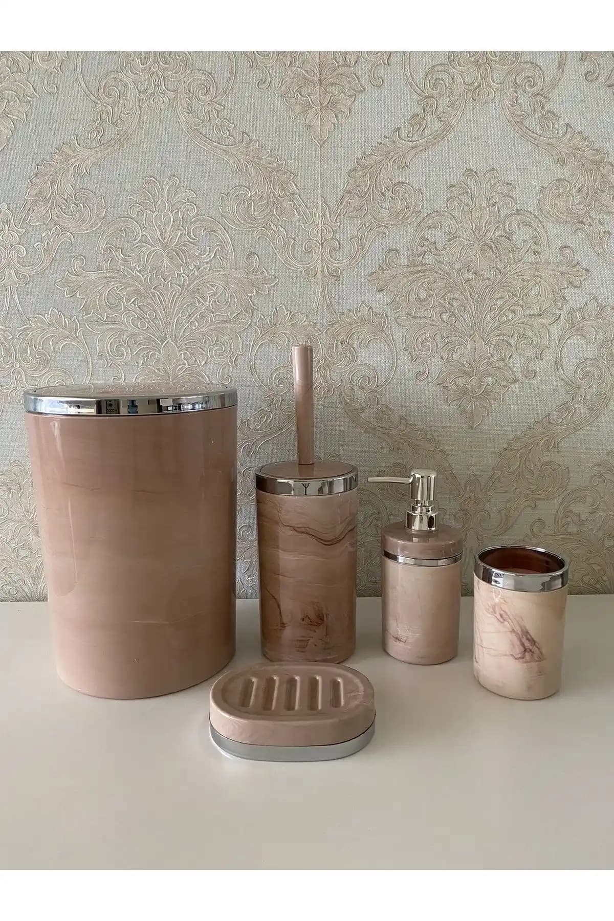 TrendBanyoMutfak 5 Parça Mermer Desen Gümbüş Banyo Seti Modern ve Şık Tasarım
