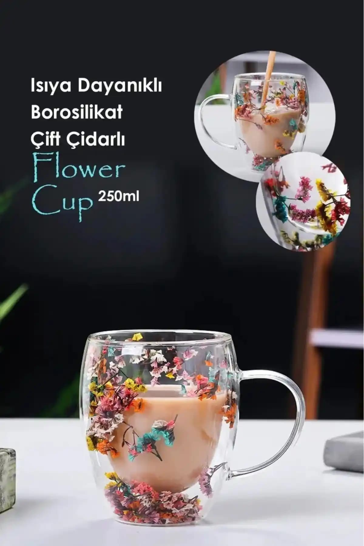 TRUSTMODA Isıya Dayanıklı Borosilikat Çift Çidarlı Flower Cup: Estetik ve Fonksiyonel Tasarım