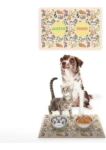 Vagonik Water Food Kedi Köpek Temalı Dijital Baskılı Dekoratif Paspas 35x50 cm