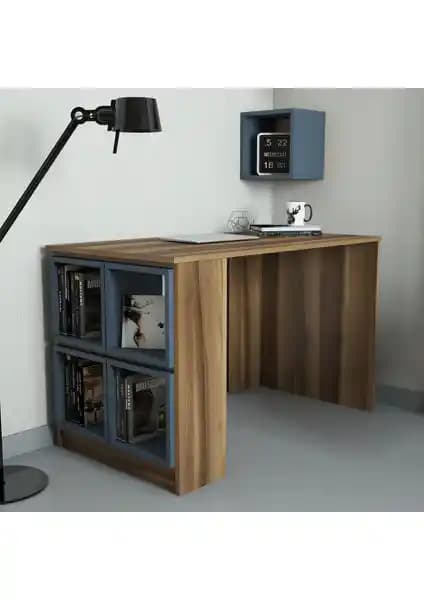 Variant Mobilya Box Çalışma Masası Ceviz ve Mavi Detaylarla Modern ve Fonksiyonel Tasarım