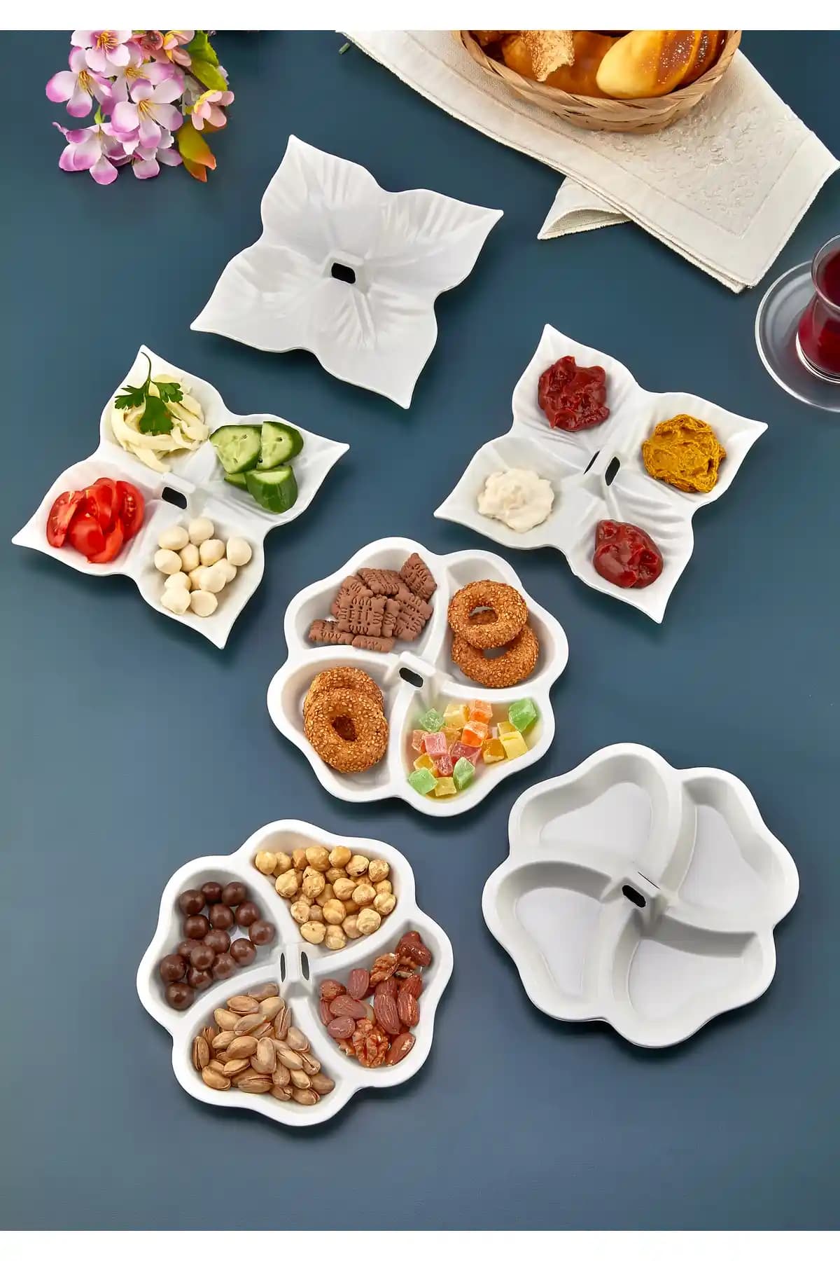 VELTİS 6'lı Melamin Set Kulplu Yonca ve Yaprak Desenli Kahvaltılık ve Sosluk Takımı