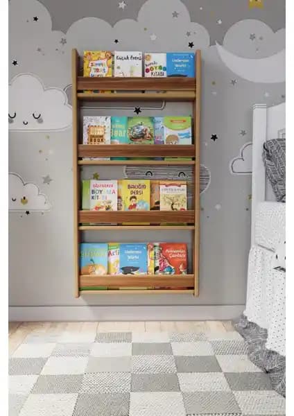 Zeo Wood Design Montessori 4 Raflı Çocuk Kitaplığı Güvenli ve Estetik Çocuk Odası Depolama Çözümü