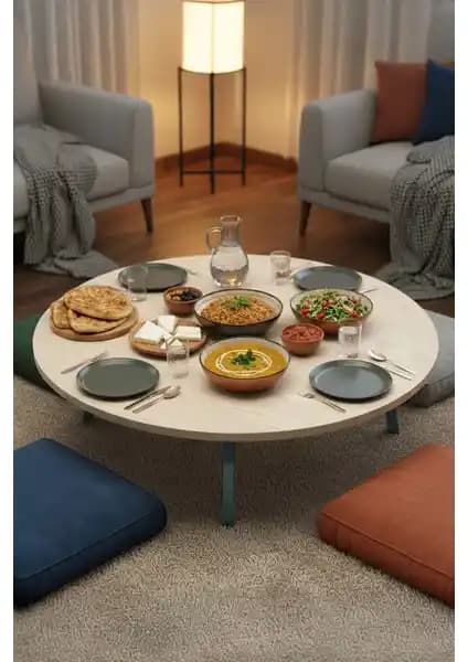 Zevahir Mobilya Ahşap Desenli Metal Katlanabilir Yuvarlak Yer Sofrası 75-90 Karakter