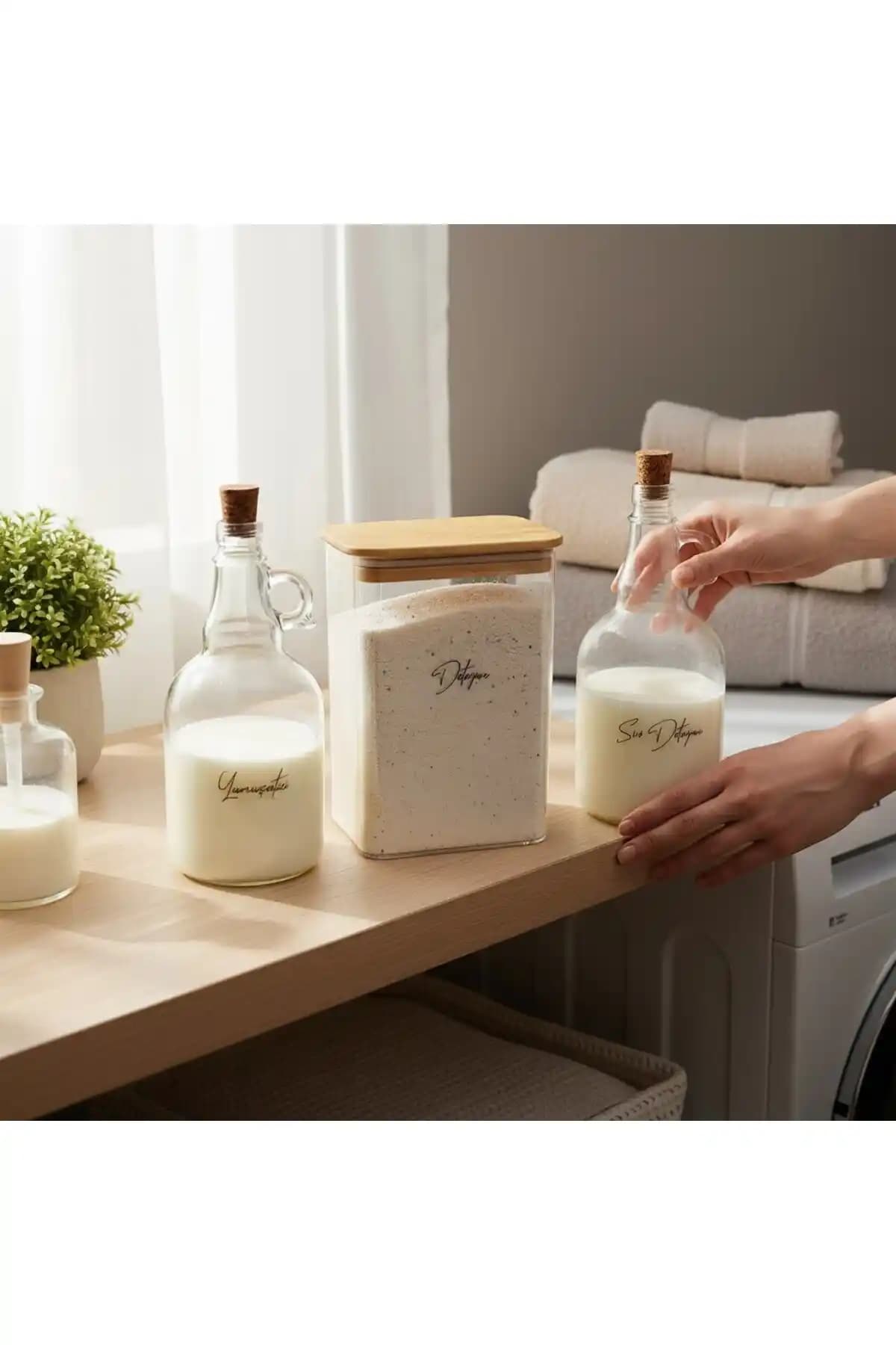 ZezeDesing Ahşap Kapaklı Deterjan Kavanozu ve Şişe Seti Modern ve Fonksiyonel Tasarım