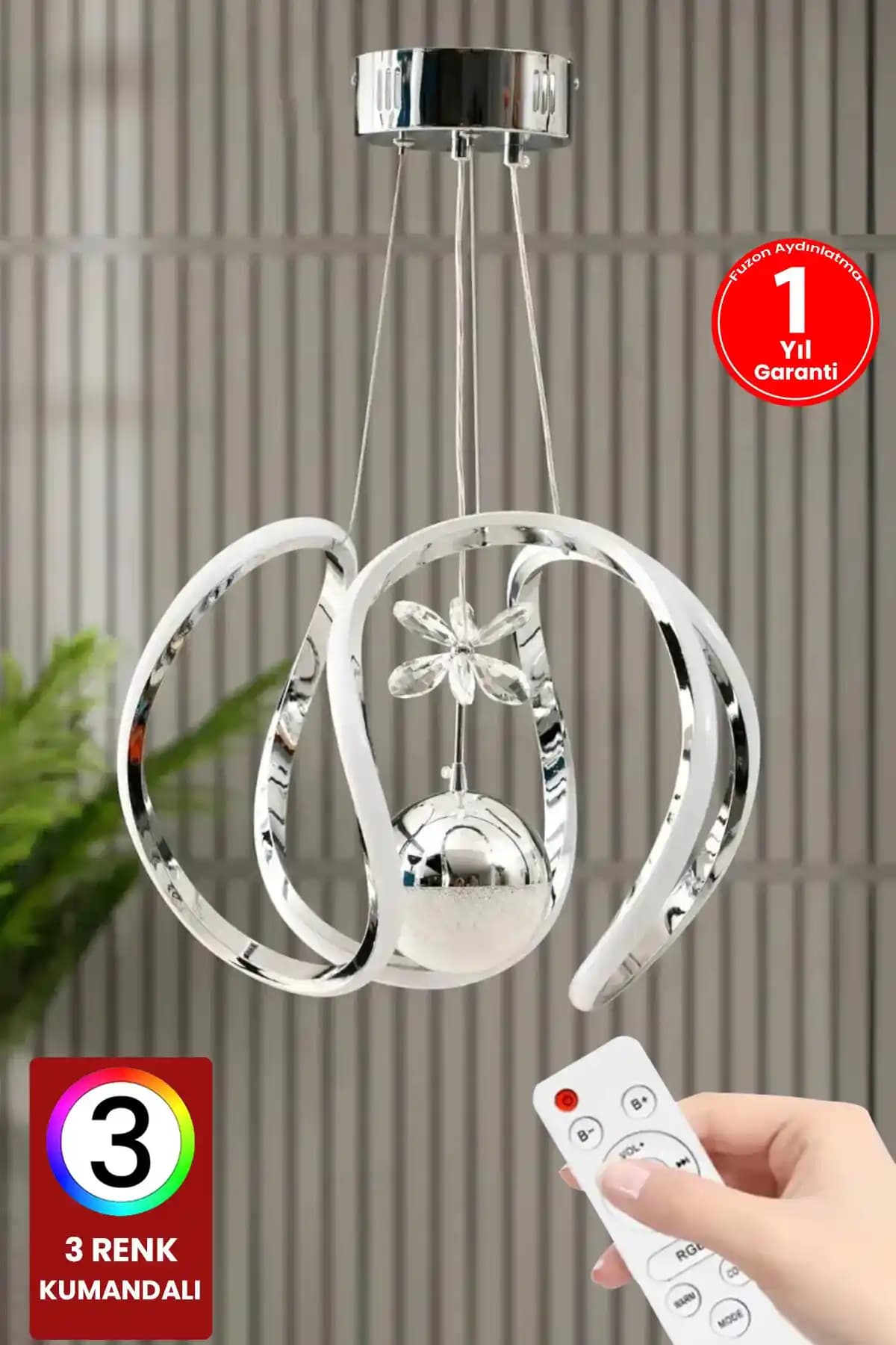 Fuzon 3 Renk Kumandalı Krom Gümüş LED Avize Modern Dekorasyon İçin Uygun