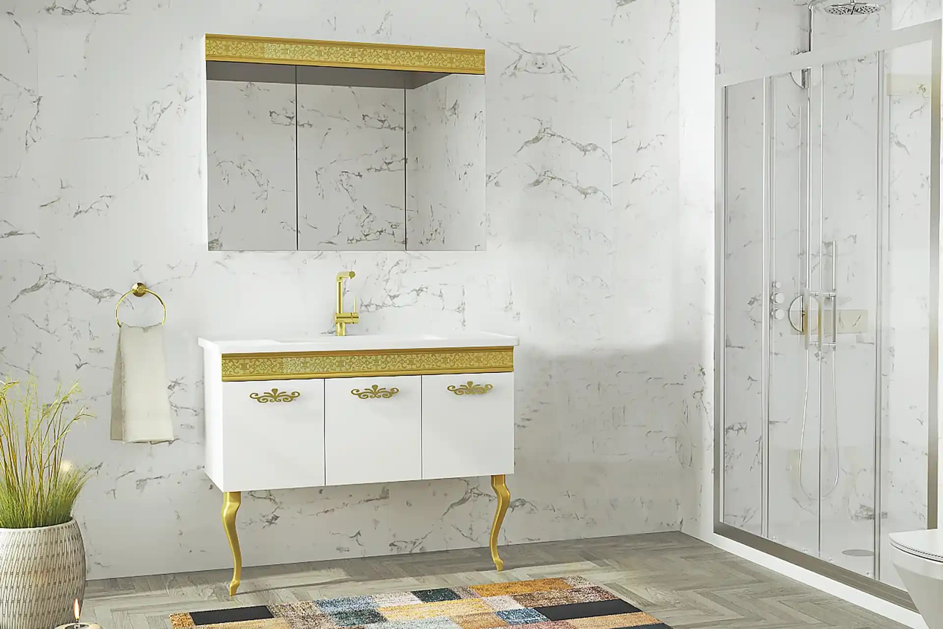 Banyo Dekorasyonunda Gold ve Beyaz Renklerin Uyumuyla Şık ve Fonksiyonel Tasarım