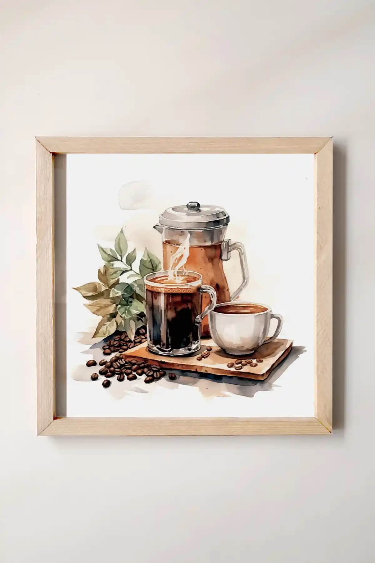 Ahşap Çerçeveli Sulu Boya Efektli Kahve Sunumu Dekoratif Duvar Süsü