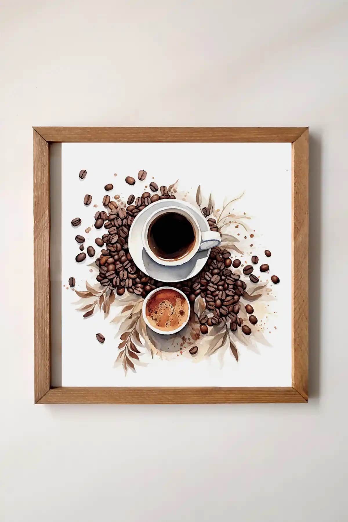 Ahşap Çerçeveli Sulu Boya Kahve Çekirdekleri Tablosu Modern ve Dayanıklı Dekoratif Sanat Eseri