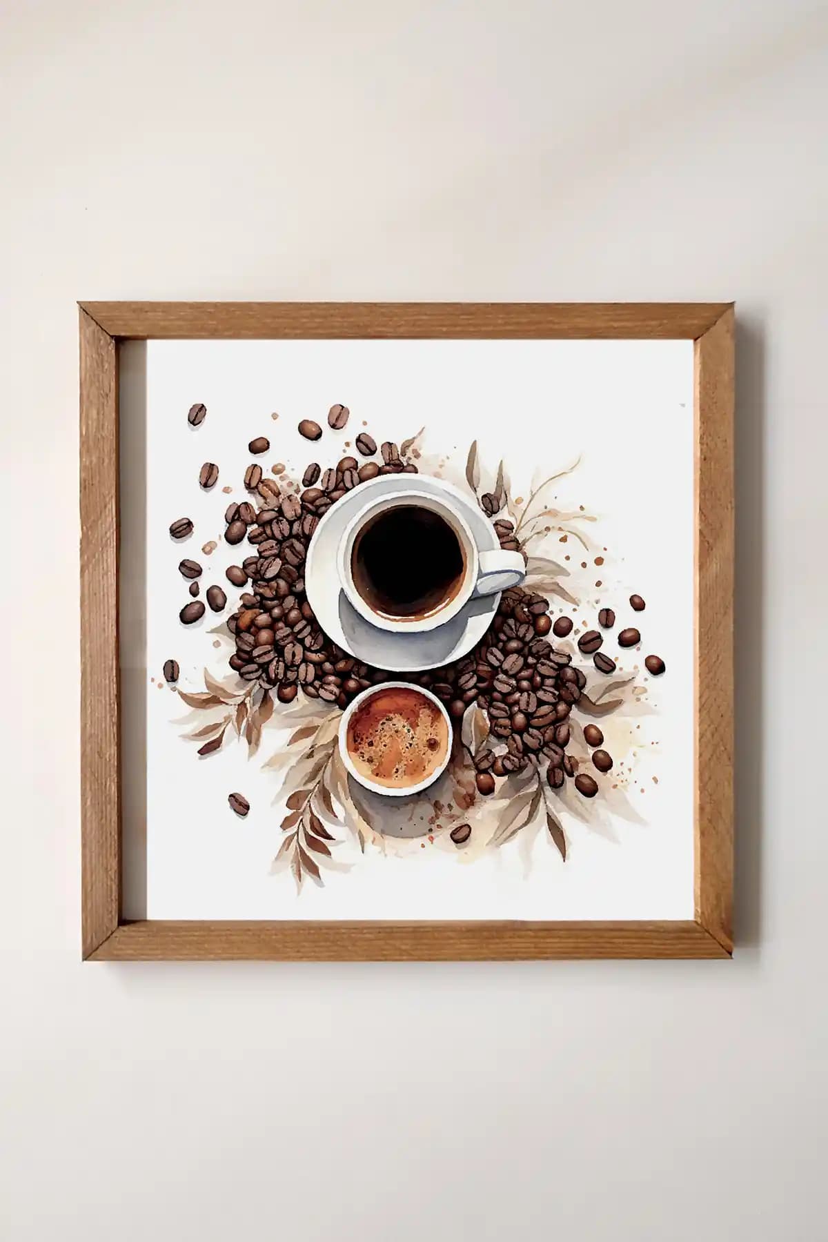 Ahşap Çerçeveli Sulu Boya Kahve Çekirdekleri Tablosu Modern ve Dayanıklı Dekoratif Sanat Eseri