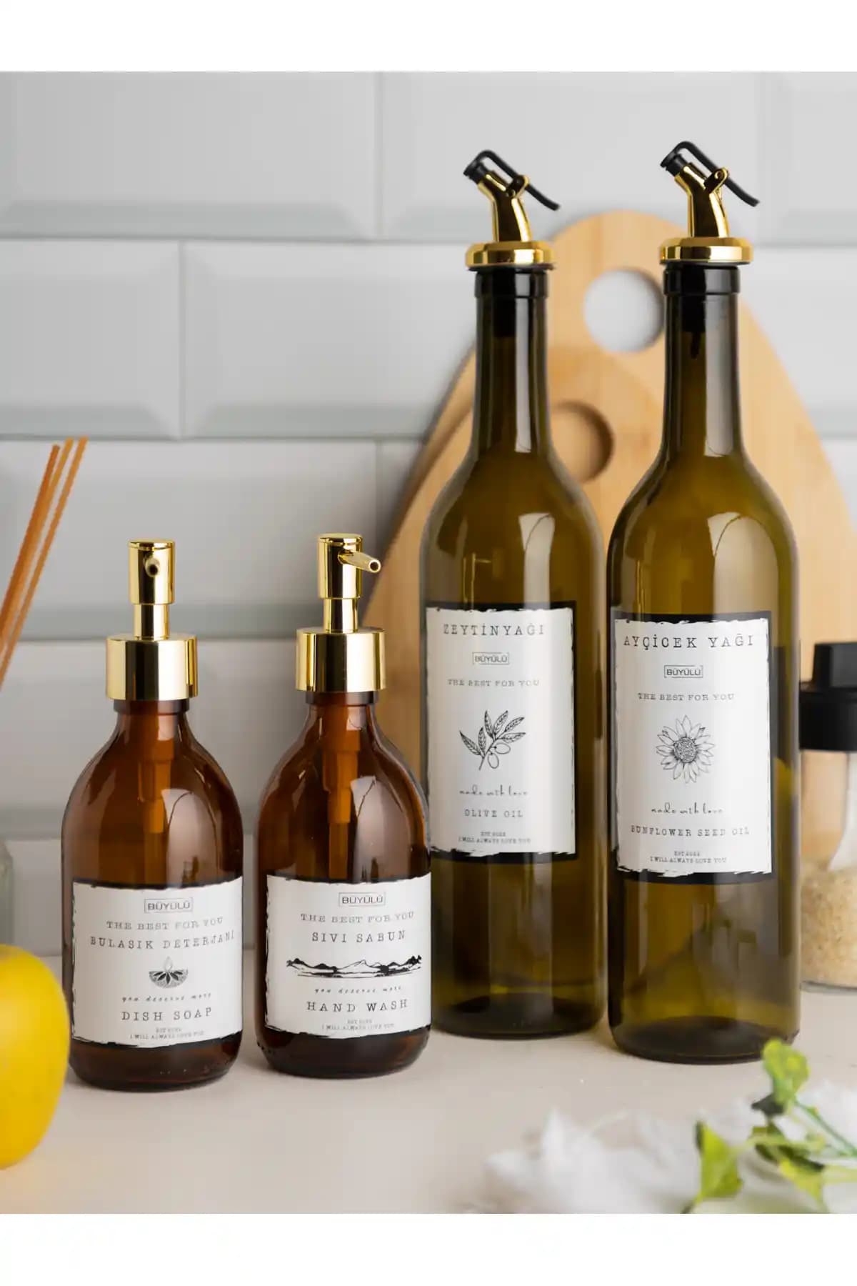 BÜYÜLÜ HOME Gold Seri Amber Gold 2'li 750 ml Cam Zeytinyağı ve Sıvıyağ Şişesi Seti