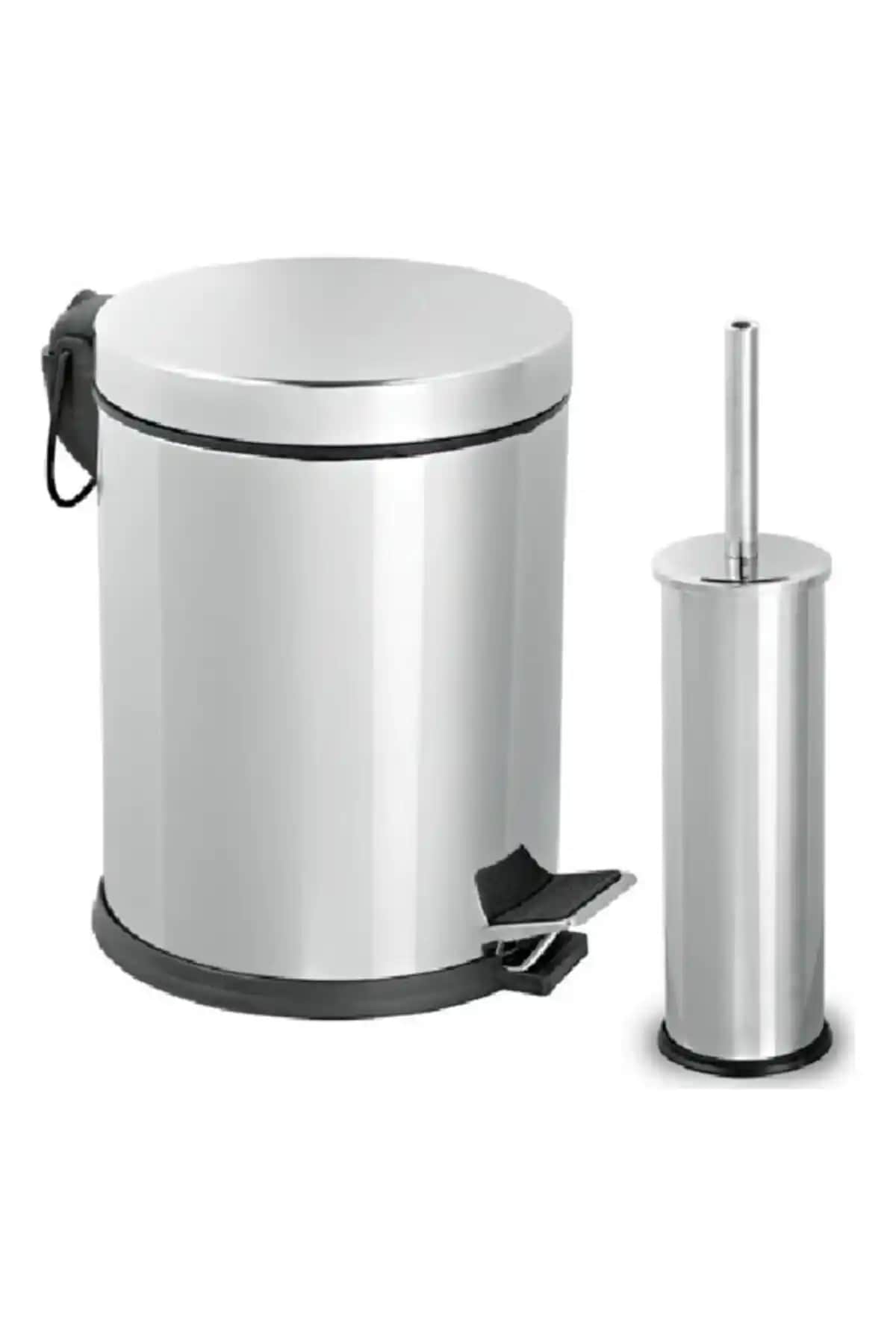 Camero 5 Lt Micro Pedallı Çöp Kovası ve Micro WC Fırçalık Paslanmaz Krom