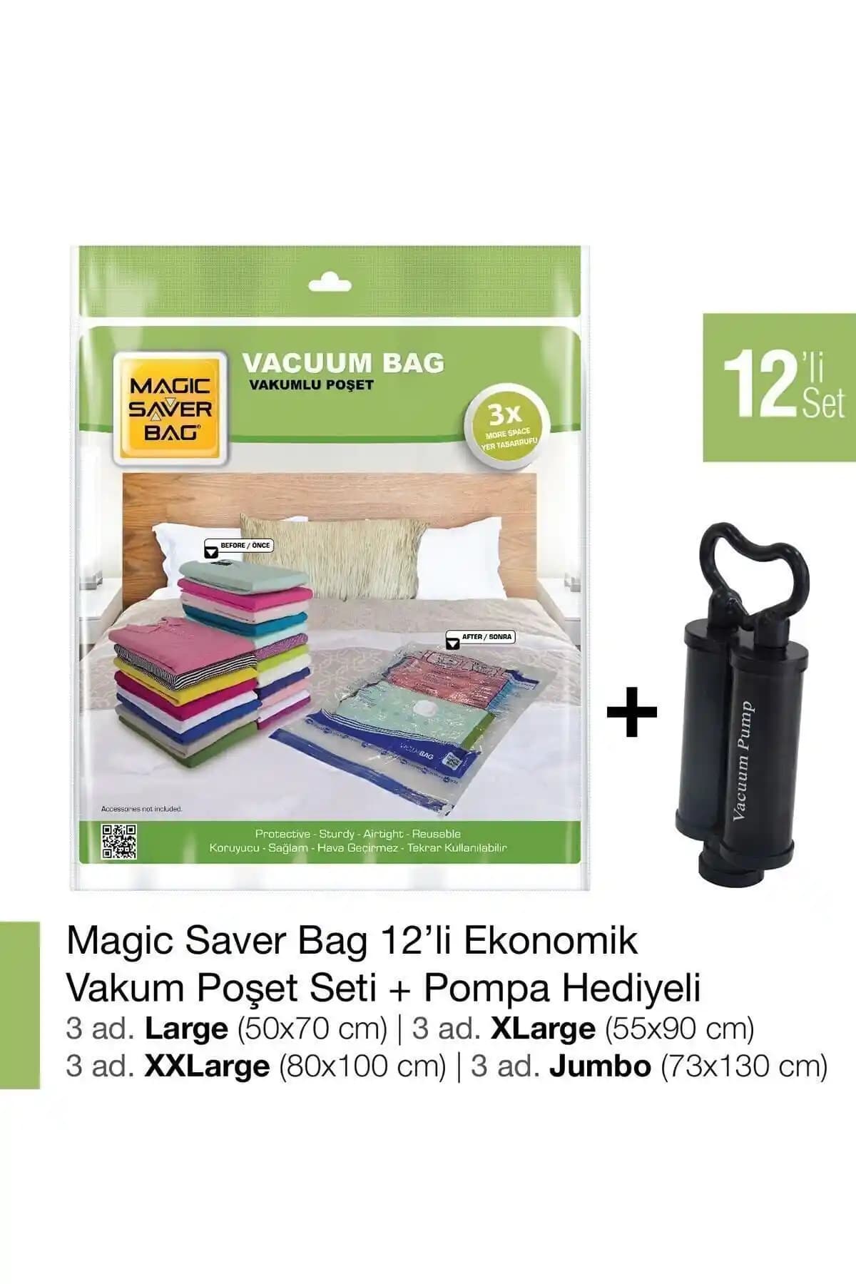 Magic Saver Bag 12’li Eko Vakumlu Poşet Seti ile Pratik ve Ekonomik Depolama Çözümü