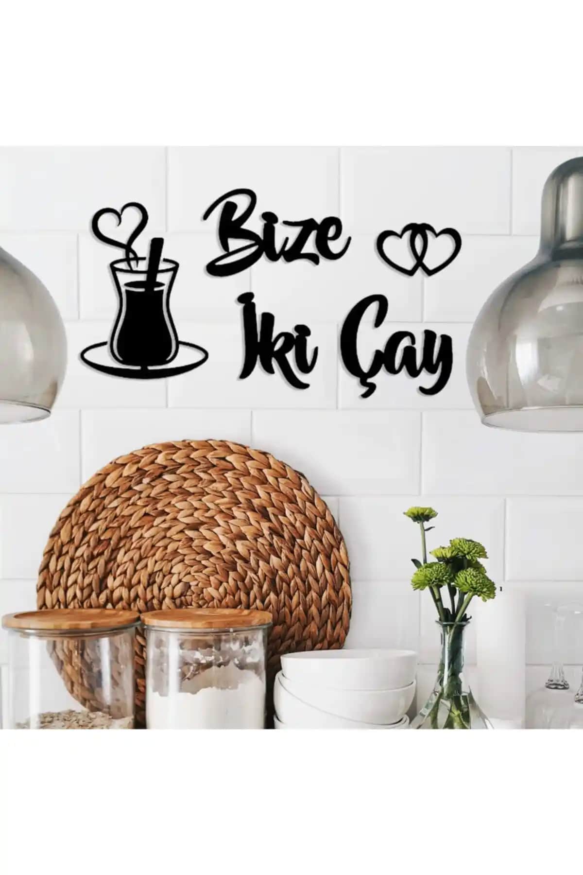 Modern Mutfak Dekoru İçin Siyah MDF Duvar Yazısı Bize İki Çay 25x35 cm