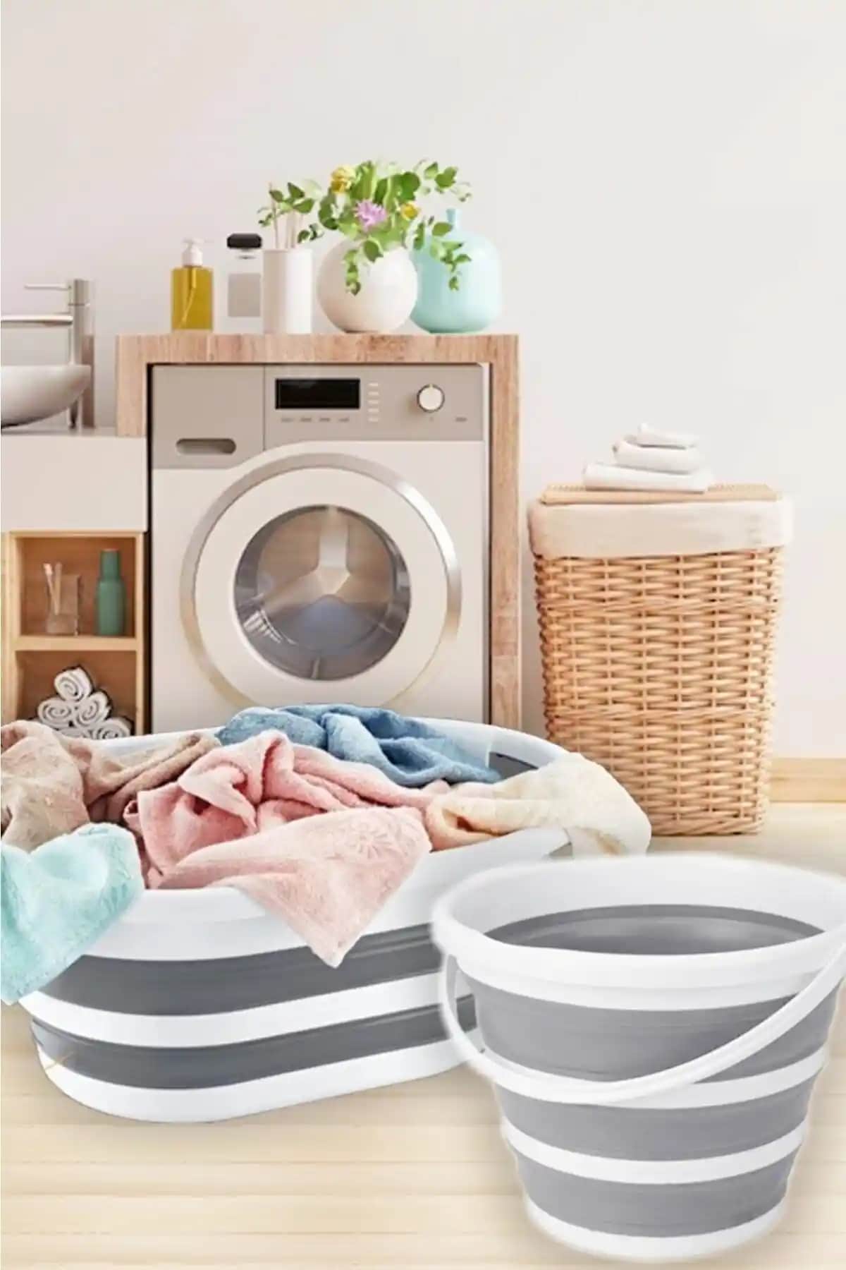 Sepetkitchen 2'li Katlanabilir Çamaşır Sepeti ve Su Kovası Seti Pratik Temizlik Çözümü