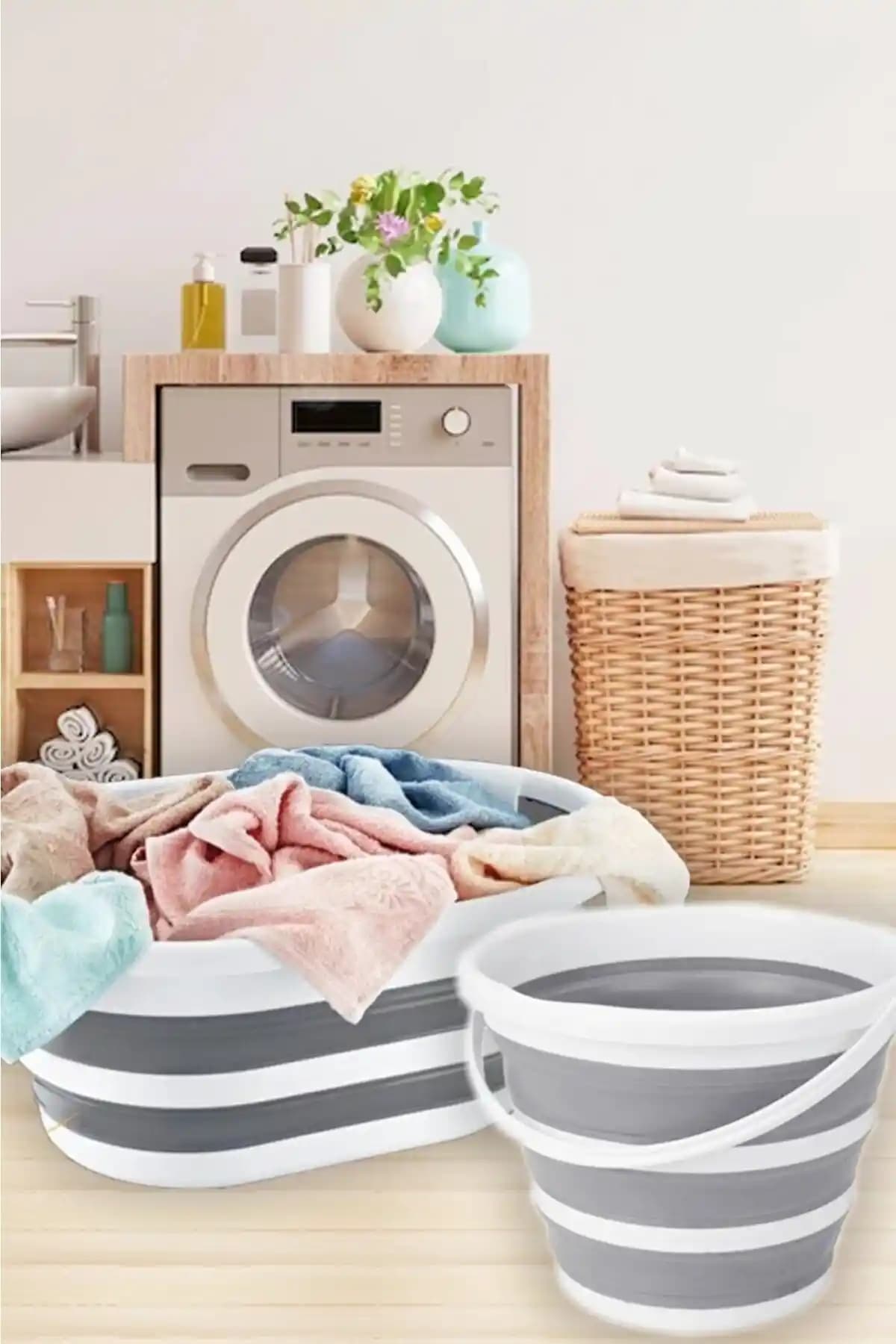 Sepetkitchen 2'li Katlanabilir Çamaşır Sepeti ve Su Kovası Seti Pratik Temizlik Çözümü