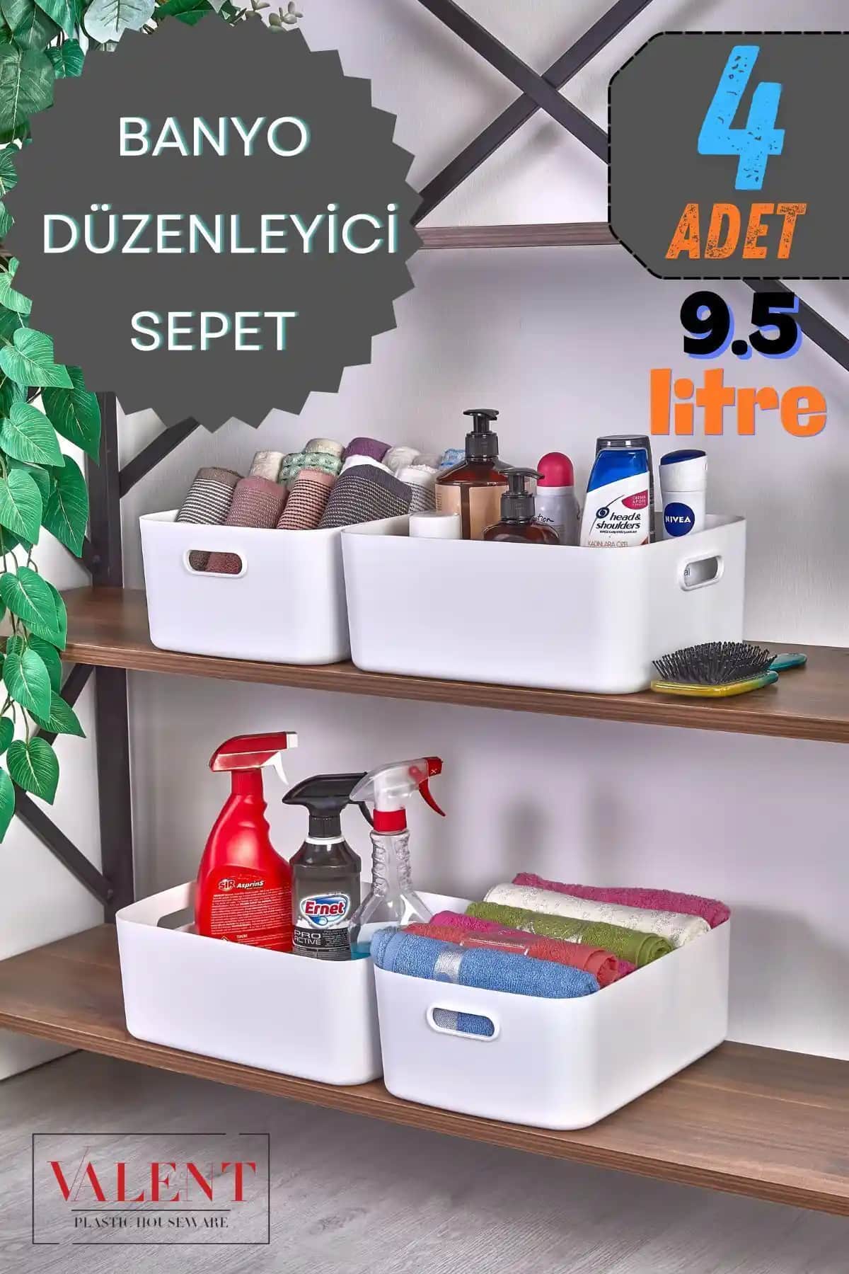 Valent 4'lü Mocha Büyük Boy Banyo ve Mutfak Organizeri Geniş Kapasiteli Pratik Depolama