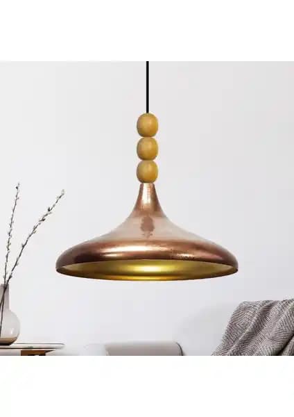 Bamyum Bakır Patina Champion Ahşap Boncuklu Tekli Avize - Modern ve Dayanıklı Tasarım