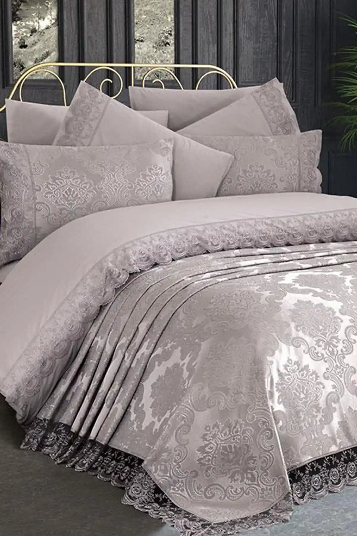 Çeyiz Diyarı Fransız Dantelli Kure Gelin Seti 7 Parça Gri - Şık ve Fonksiyonel Yatak Takımı