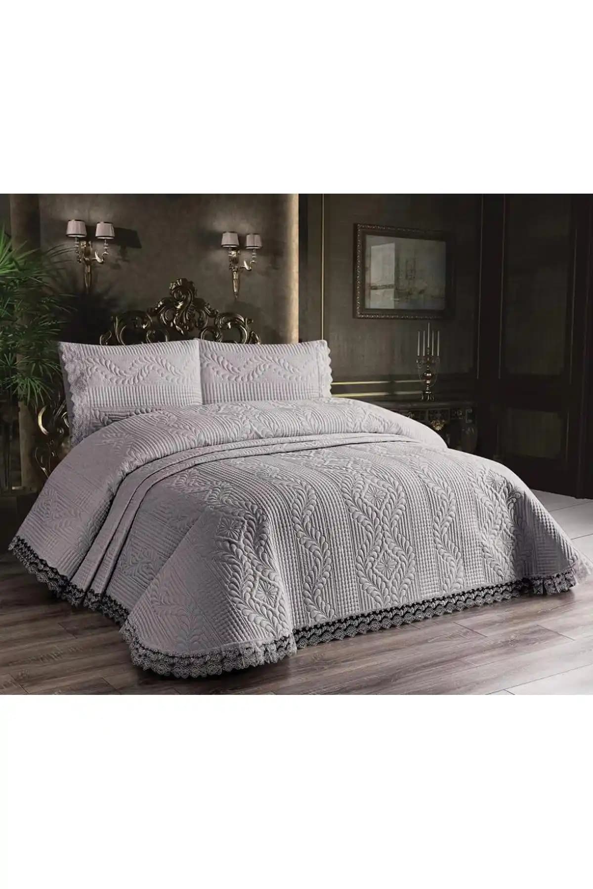 Evcimenhome Güpürlü Mikrofiber Yatak Örtüsü Seti Gri - Modern ve Rahat Tasarım