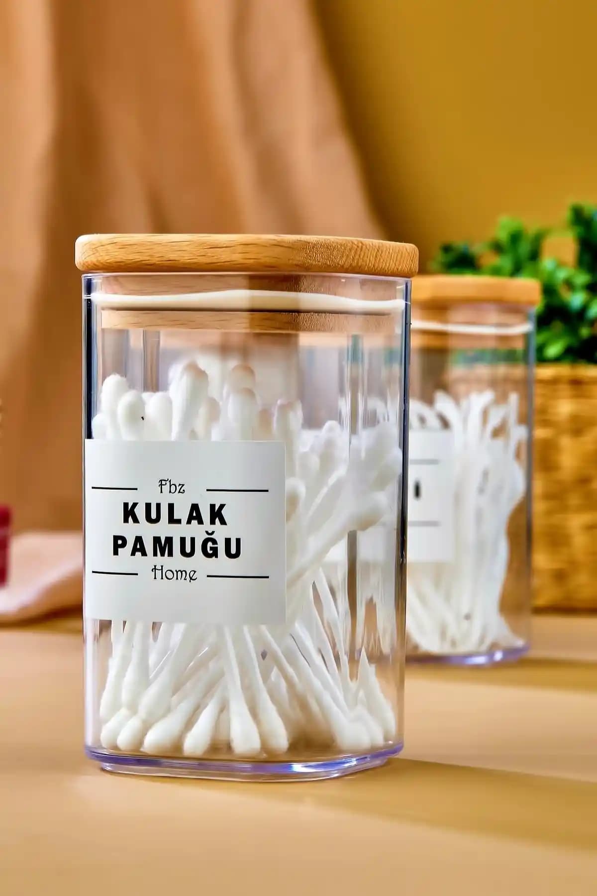 FBZhome Ahşap Kapaklı 250 ml Akrilik Kulak Pamuğu Organizeri ile Banyo Düzeni