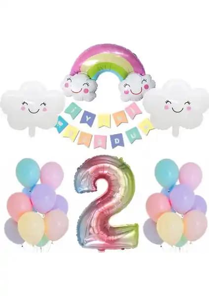 Gökkuşağı Bulut Tasarımlı Doğum Günü Parti Kutlama Seti ile Renkli Kutlamalar