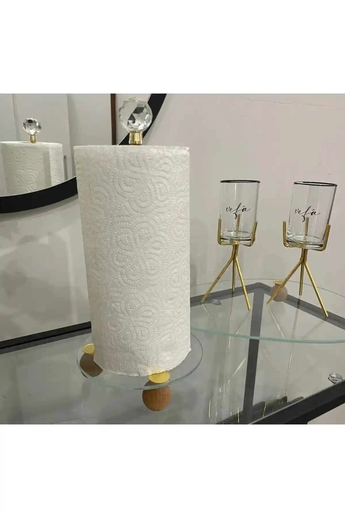 Gold Dekoratif Ahşap Top Ayaklı Kristal Taşlı Cam Kağıt Havluluk - Şık ve Dayanıklı Tasarım