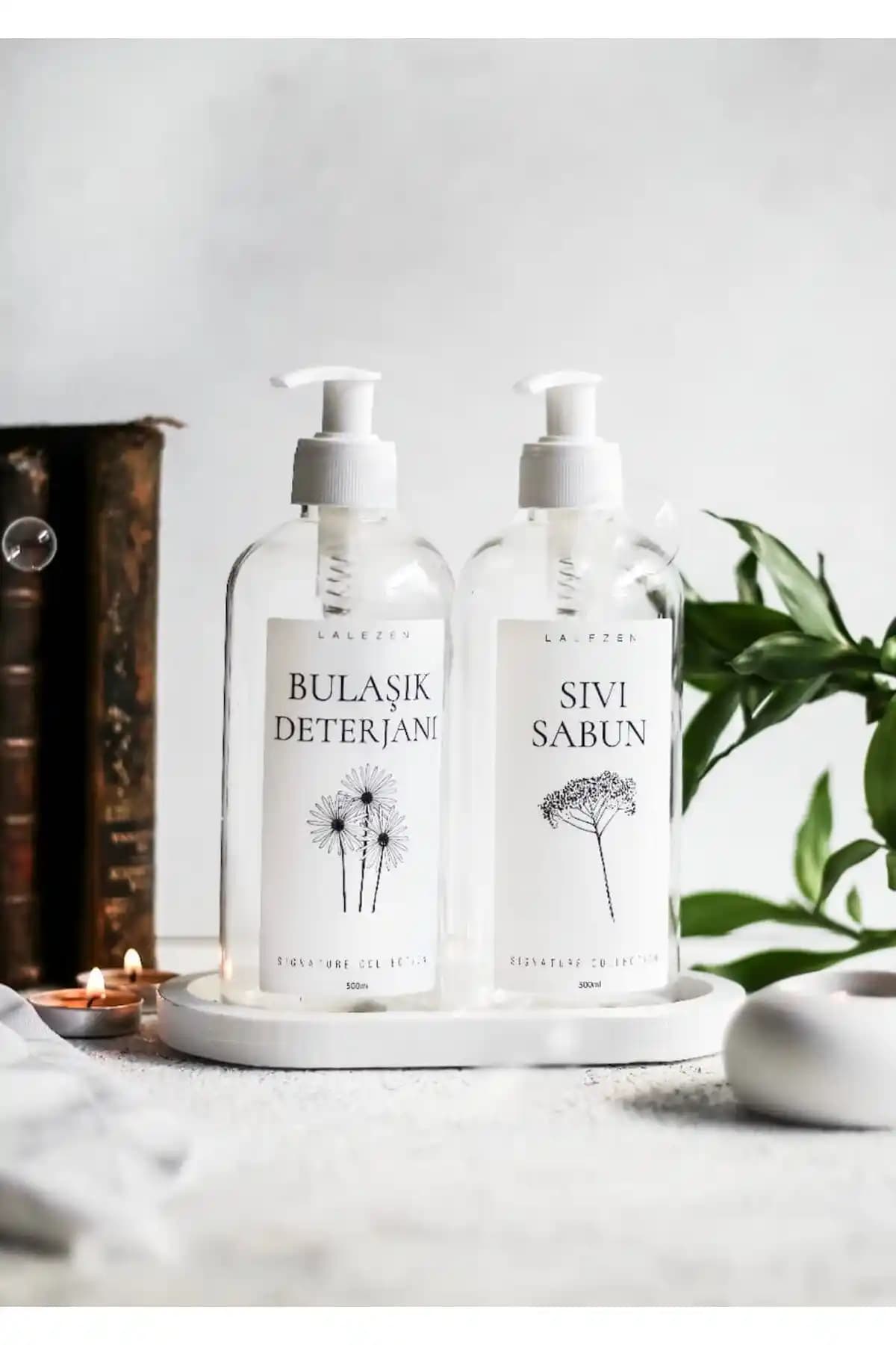 LALEZEN HOME Beyaz Stantlı Şeffaf Sıvı ve Bulaşık Deterjanı İkili Şişe Seti