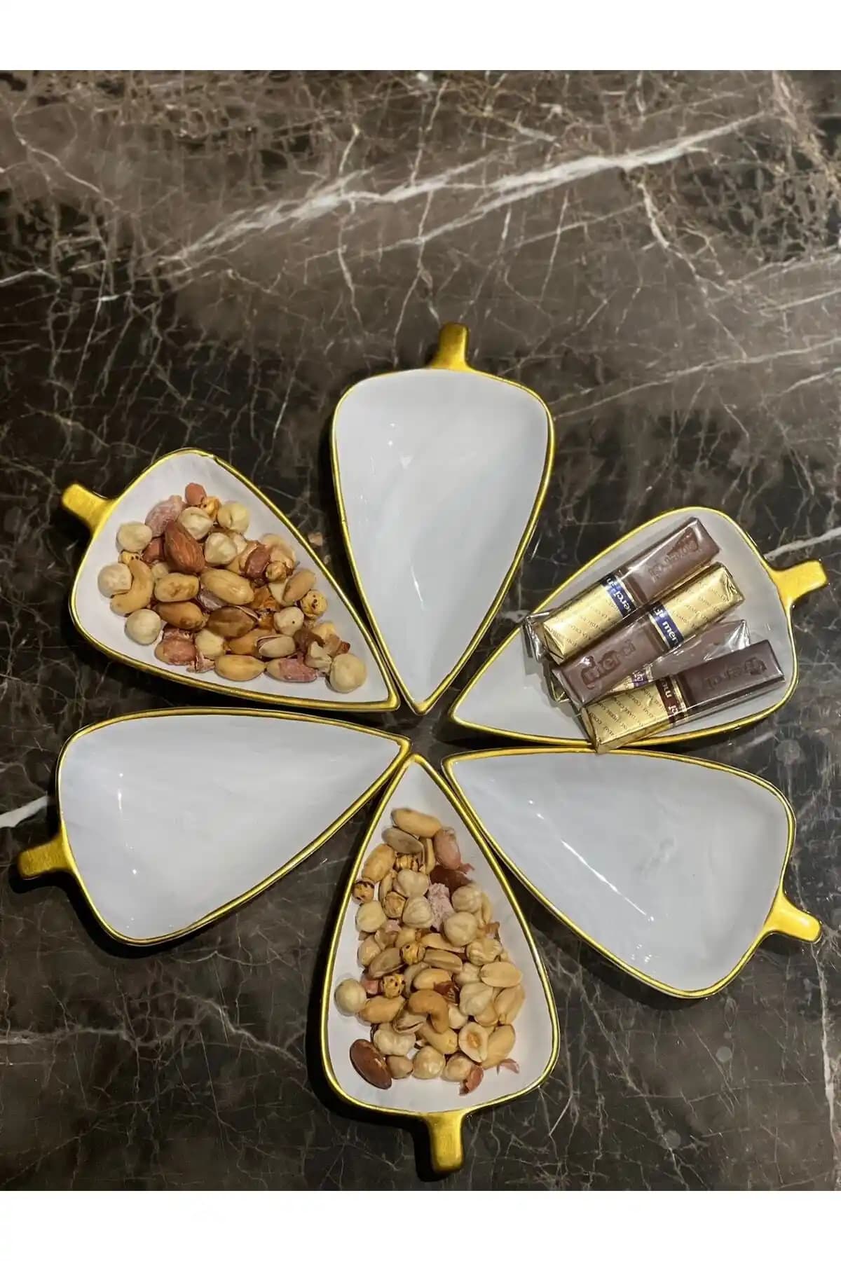 MeGgDecor 6'lı Altın Yaldızlı Yaprak Şeklinde Seramik Çerezlik ve Sosluk Seti