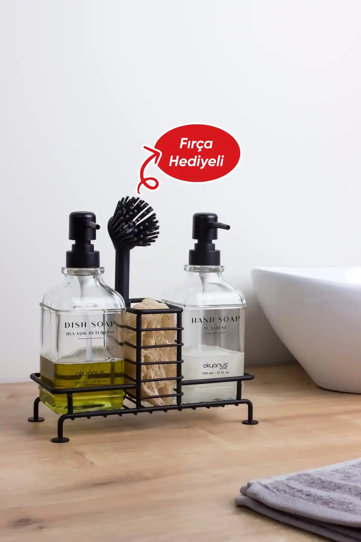 Okyanus Home Siyah Pompalı Fırçalı Standlı Kare Cam Sıvı Sabunluk 500ml
