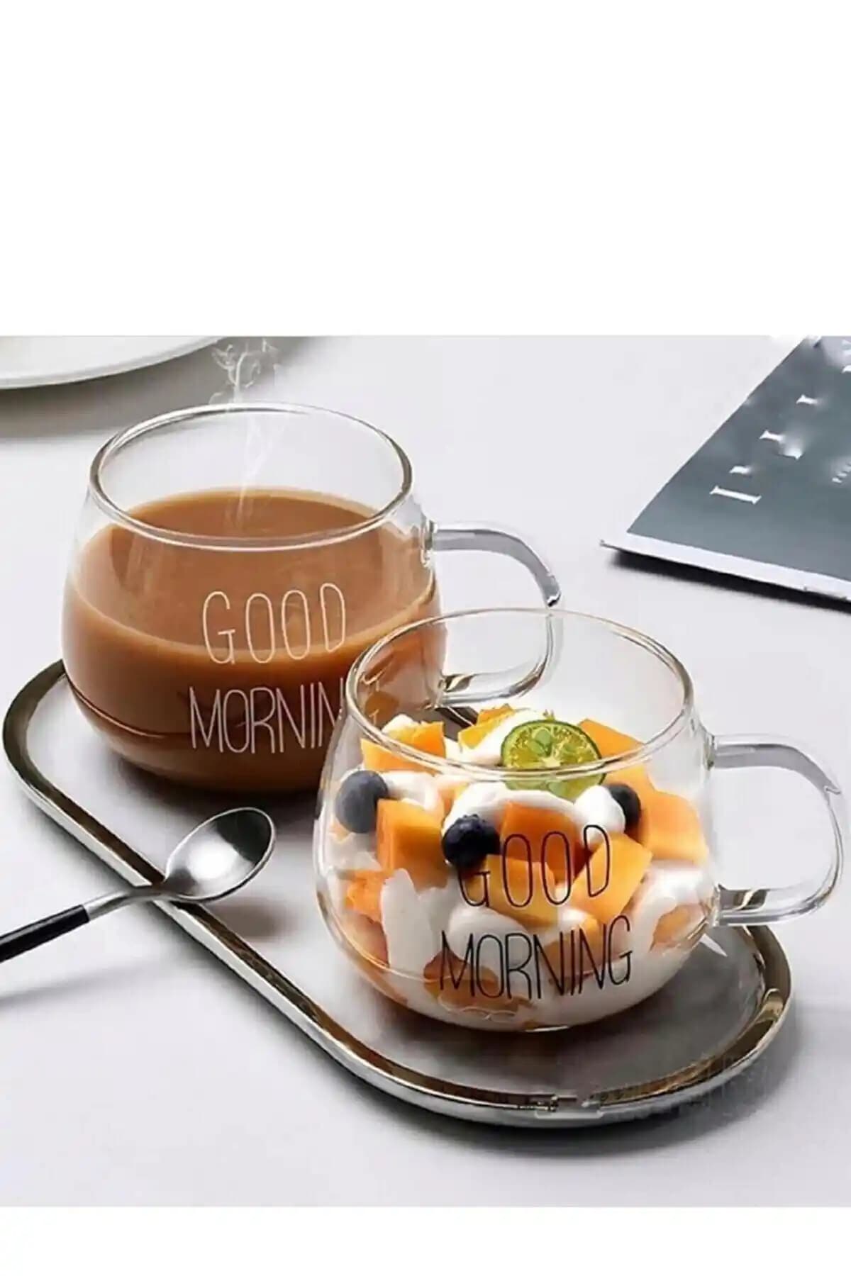 ROYALGROSS 2'li Good Morning Günaydın 400 ml Borosilikat Cam Kupa Seti